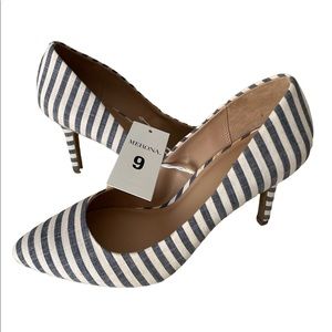 Merona 9 Denim Blue Alexis Striped 3.75" Stileto Heel Almond Toe Pump Shoe NWT